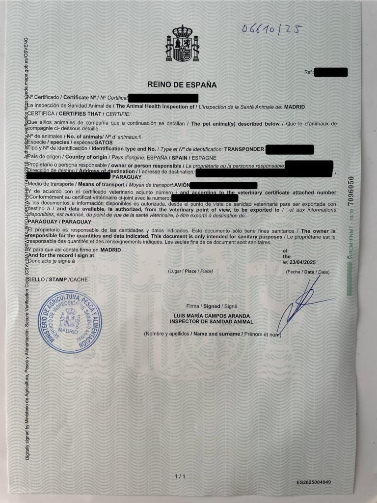 Certificado de exportación emitido por España  a destinación de Paraguay
