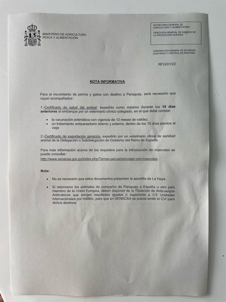Nota informativa del Ministerio de Agricultura de España sobre la exportacion de mascotas.