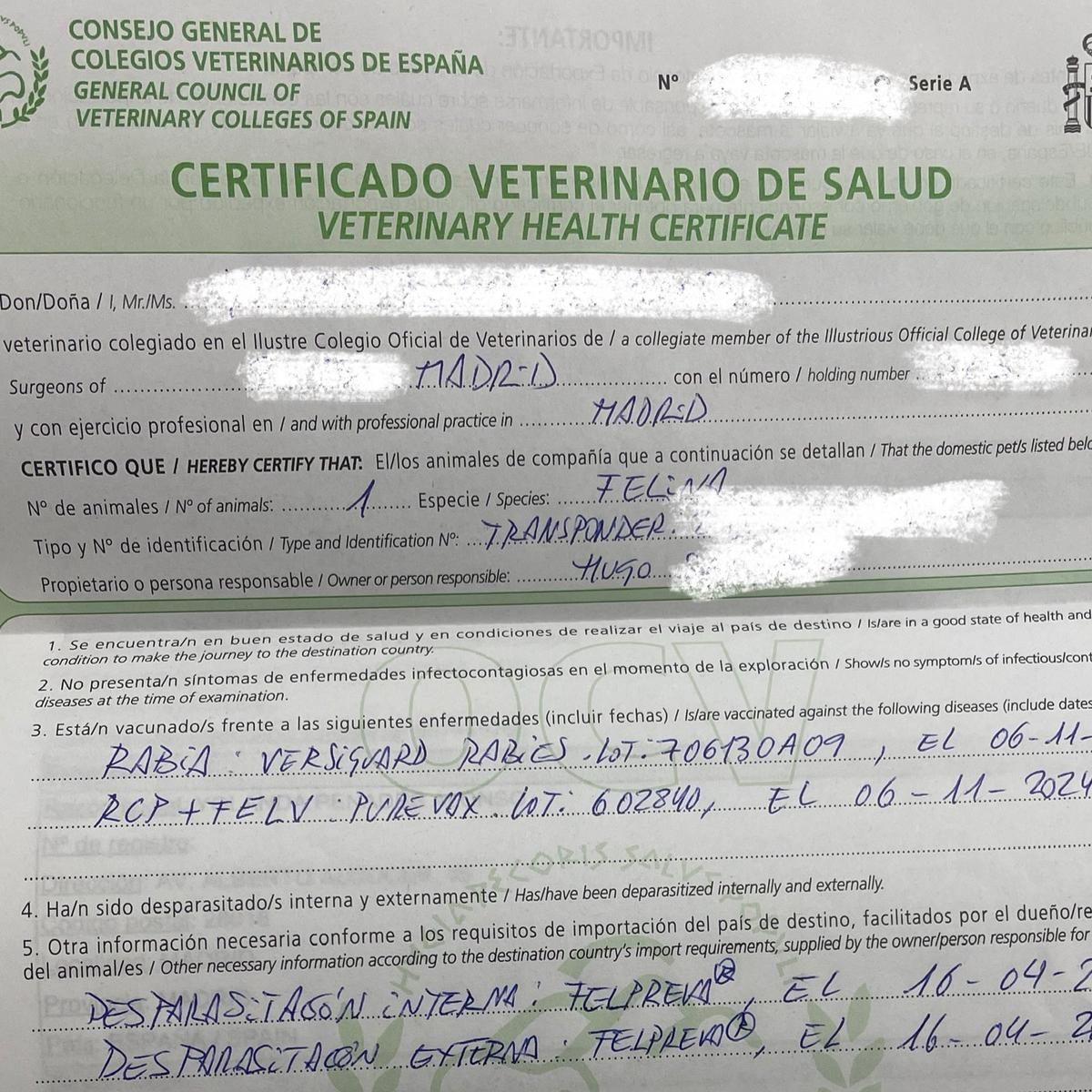 Certificado veterinario de salud