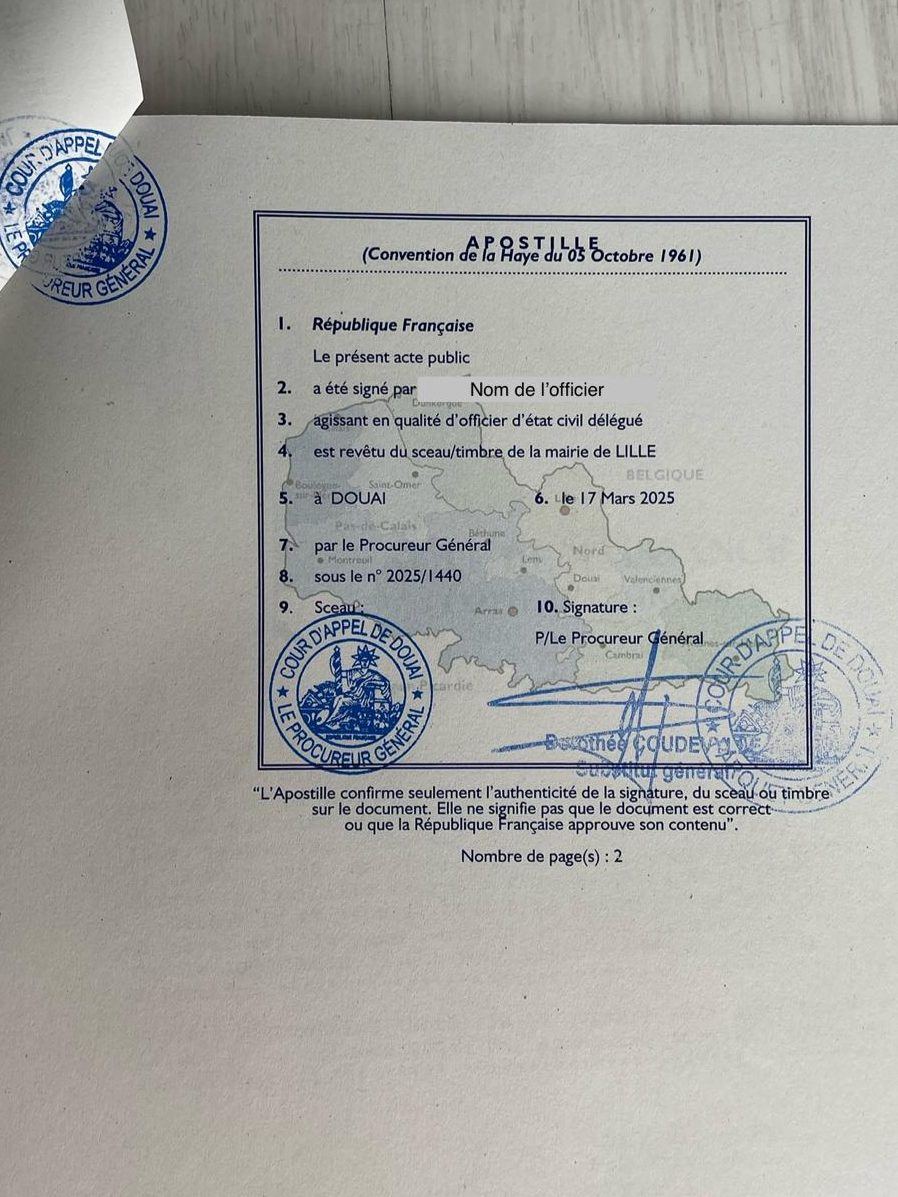Apostille acte de naissance France cour d'appel de Douai