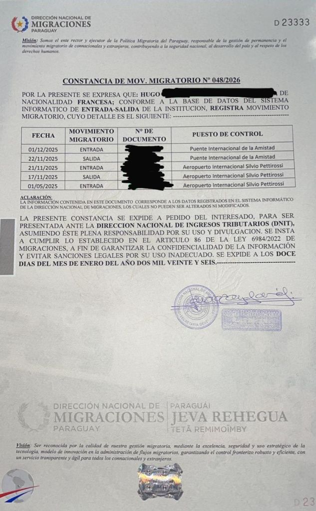 Certificat migratoire Paraguay