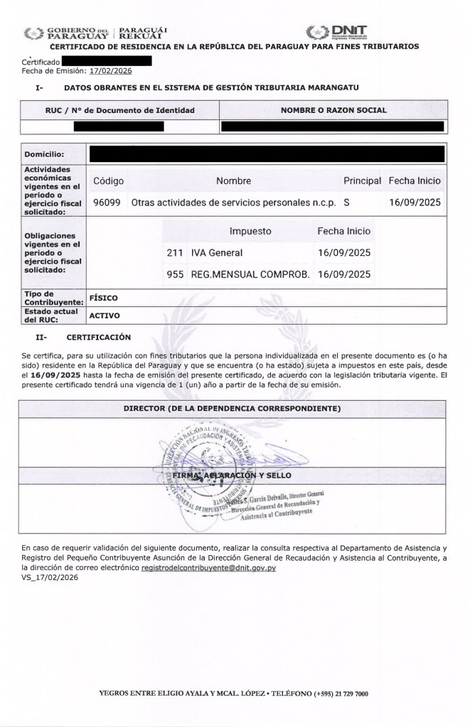 Certificat de résidence fiscale Paraguay